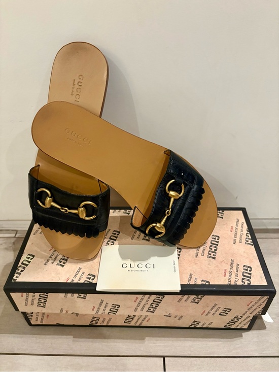 Gucci Shoes - Gucci Black Leather Horsebit Kiltie Slide Sandals